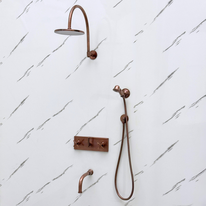 Antique Copper Shower System with Adjustable Flat Round Rain Shower Head, Handheld Shower Head, Central Copper Plaque, Tub Filler and Cross Handles