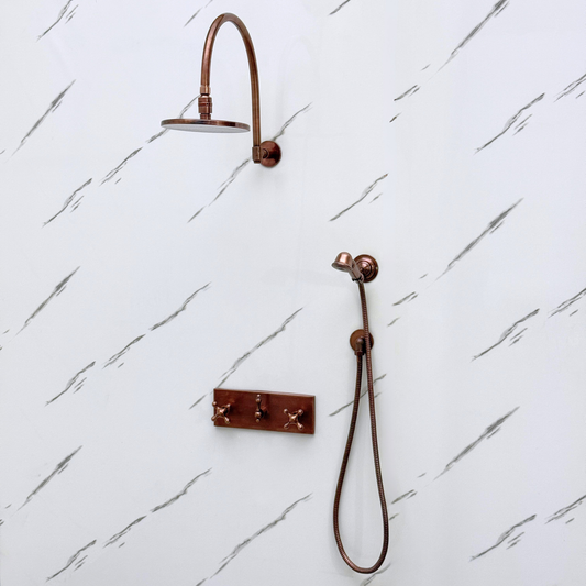Antique Copper Shower System with Adjustable Flat Round Rain Shower Head, Handheld Shower Head, Central Copper Plaque and Cross Handles