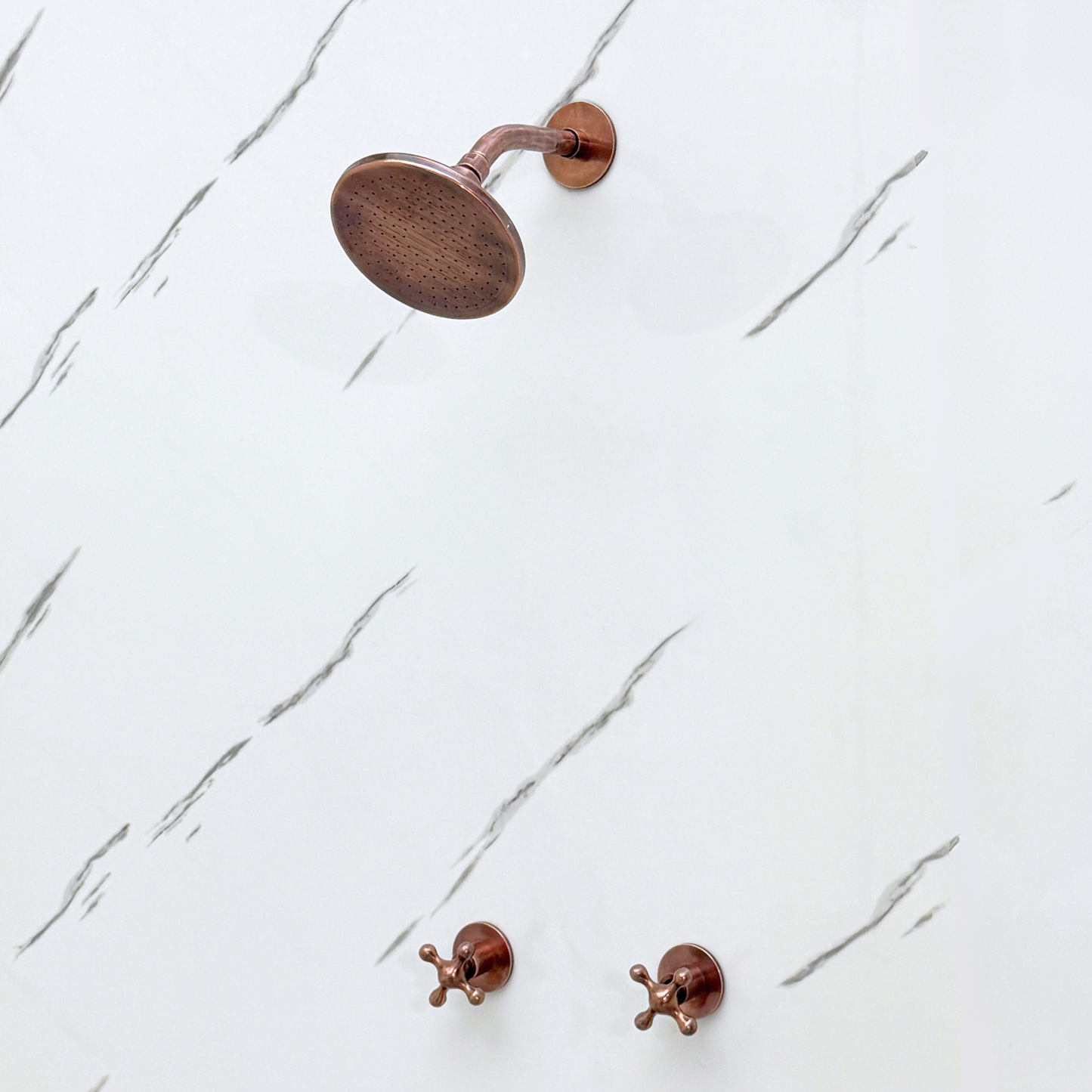 Antique Copper Shower System with Flat Round Rain Adjustable Shower Head, Short Arm and Cross Handles