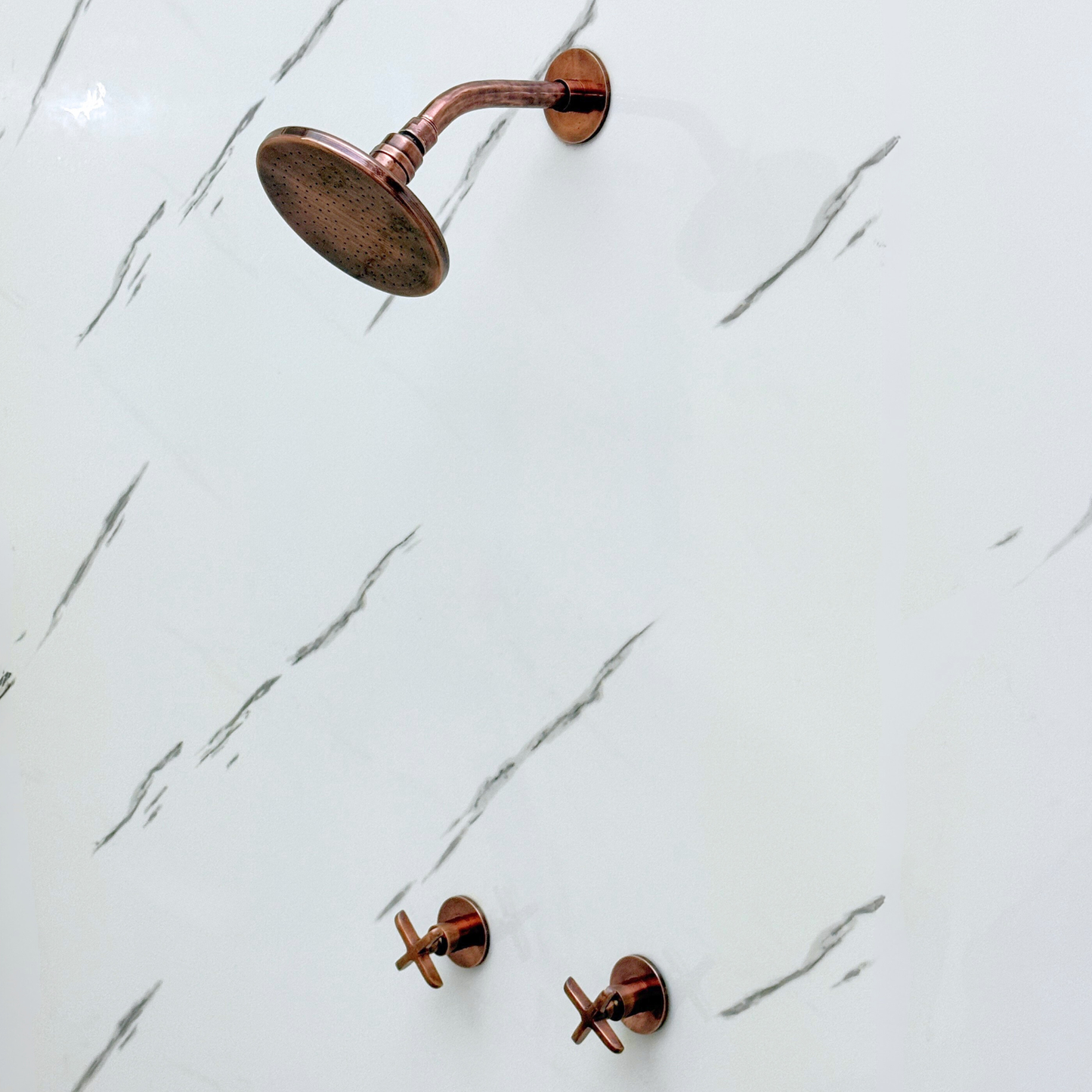 Antique Copper Shower System with Flat Round Rain Adjustable Shower Head, Short Arm and Cross Handles