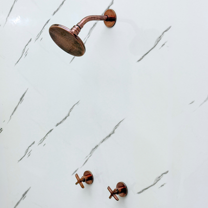Antique Copper Shower System with Flat Round Rain Adjustable Shower Head, Short Arm and Cross Handles