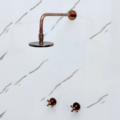 Antique Copper Shower System with Adjustable Flat Round Rain Shower Head, Straight Arm and Cross Handles