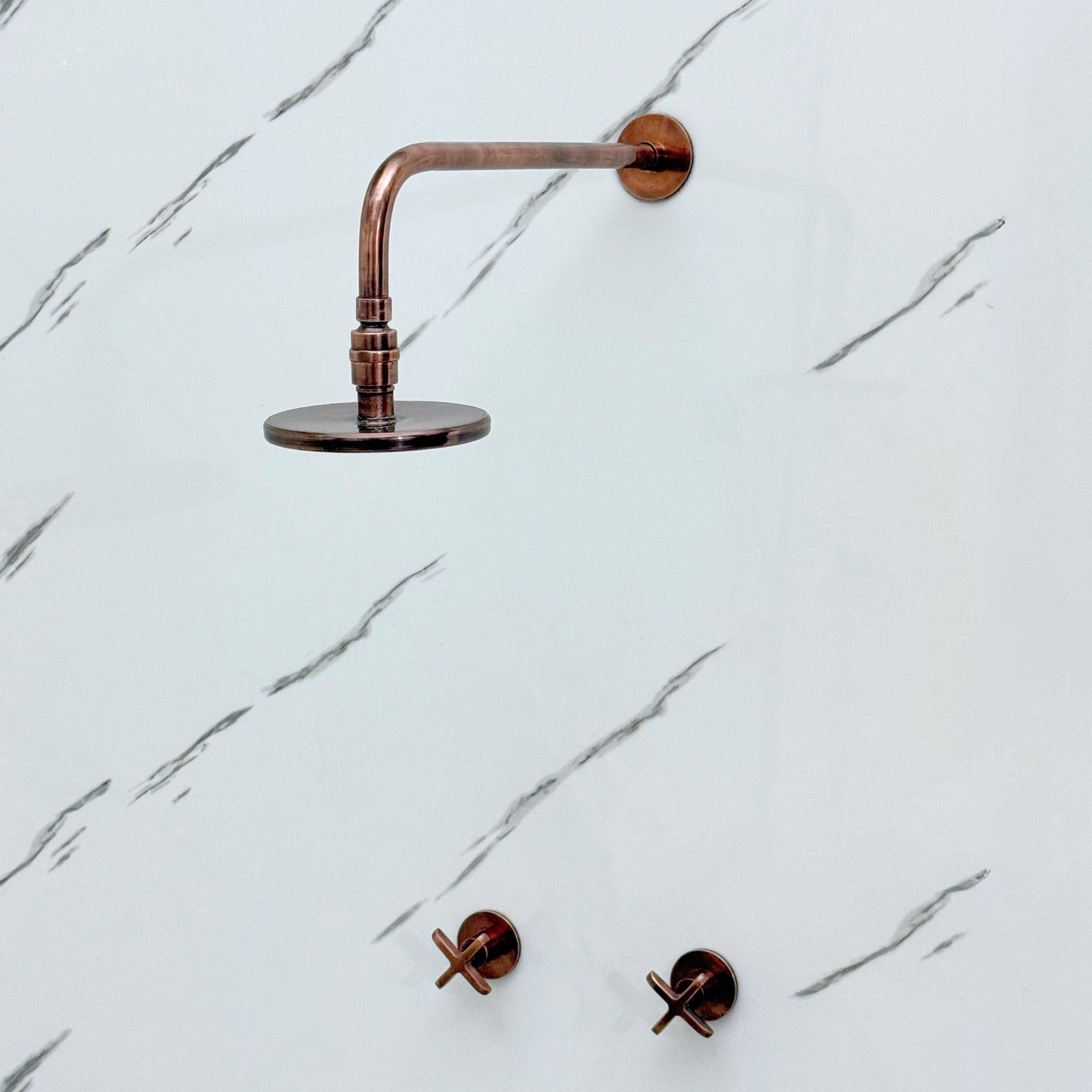 Antique Copper Shower System with Adjustable Flat Round Rain Shower Head, Straight Arm and Cross Handles