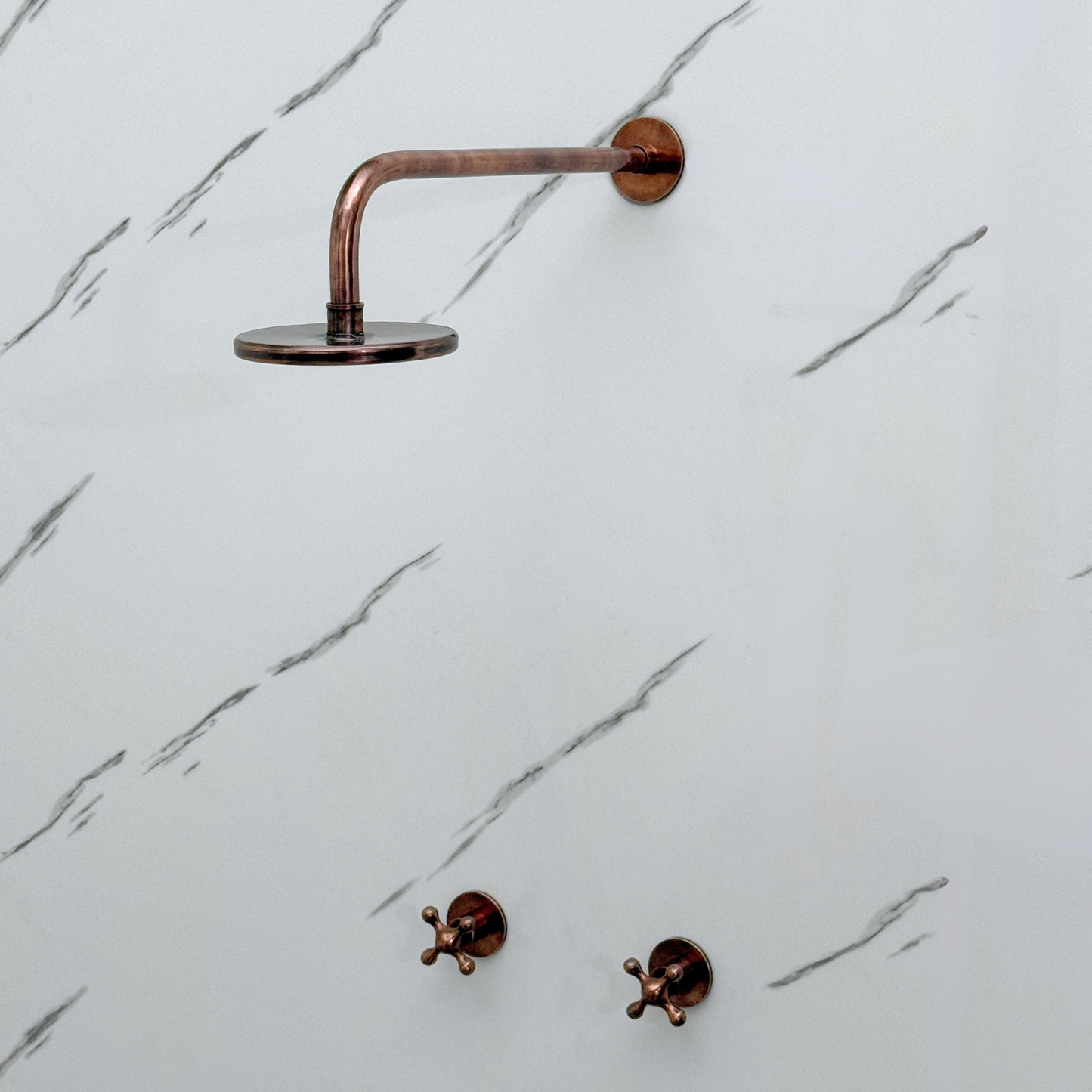 Antique Copper Shower System with Adjustable Flat Round Rain Shower Head, Straight Arm and Cross Handles