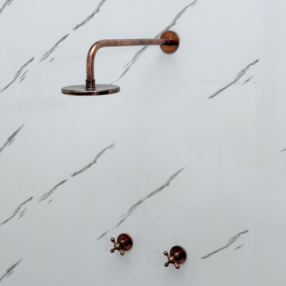 Antique Copper Shower System with Adjustable Flat Round Rain Shower Head, Straight Arm and Cross Handles