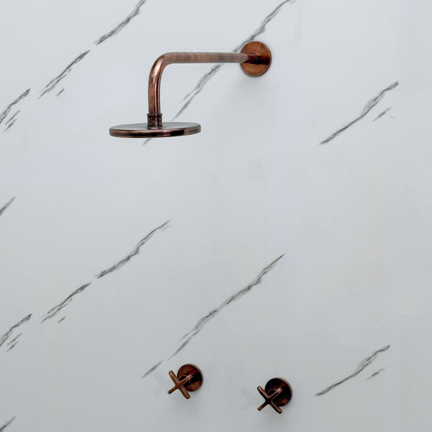 Antique Copper Shower System with Adjustable Flat Round Rain Shower Head, Straight Arm and Cross Handles