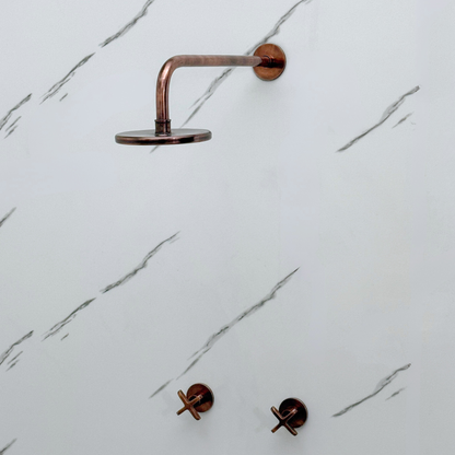 Antique Copper Shower System with Adjustable Flat Round Rain Shower Head, Straight Arm and Cross Handles