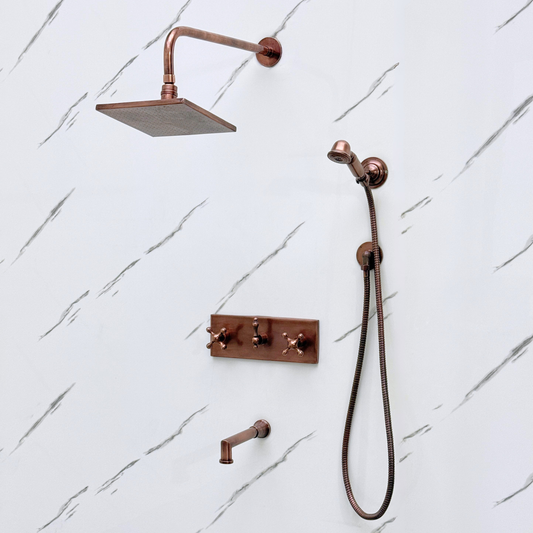 Antique Copper Shower System with Adjustable Flat Square Rain Shower Head, Handheld Shower Head, Central Copper Plaque, Tub Filler and Cross Handles
