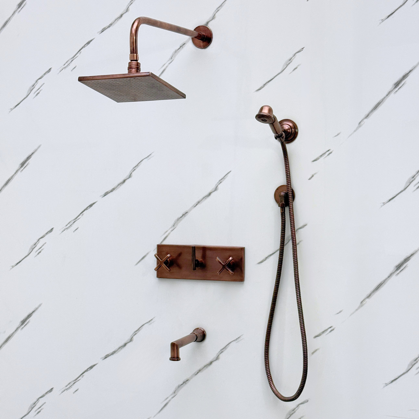 Antique Copper Shower System with Adjustable Flat Square Rain Shower Head, Handheld Shower Head, Central Copper Plaque, Tub Filler and Cross Handles