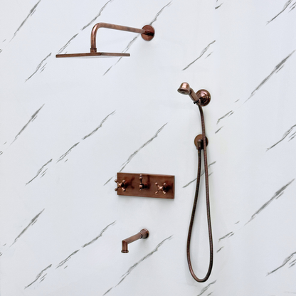 Antique Copper Shower System with Adjustable Flat Square Rain Shower Head, Handheld Shower Head, Central Copper Plaque, Tub Filler and Cross Handles