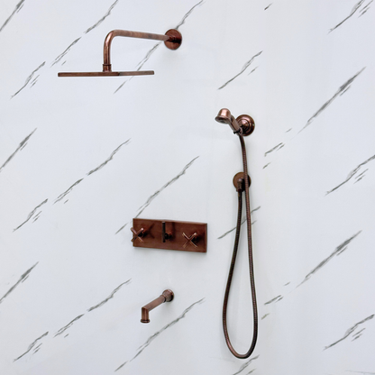 Antique Copper Shower System with Adjustable Flat Square Rain Shower Head, Handheld Shower Head, Central Copper Plaque, Tub Filler and Cross Handles