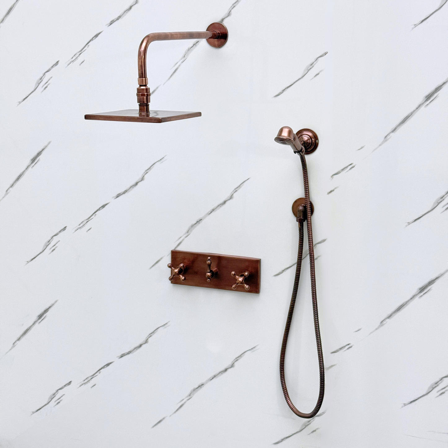 Antique Copper Shower System with Adjustable Flat Square Rain Shower Head, Handheld Shower Head, Central Copper Plaque and Cross Handles