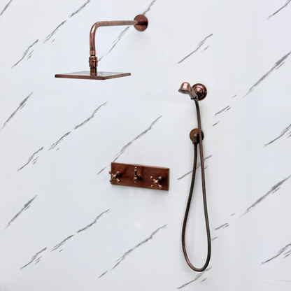 Antique Copper Shower System with Adjustable Flat Square Rain Shower Head, Handheld Shower Head, Central Copper Plaque and Cross Handles