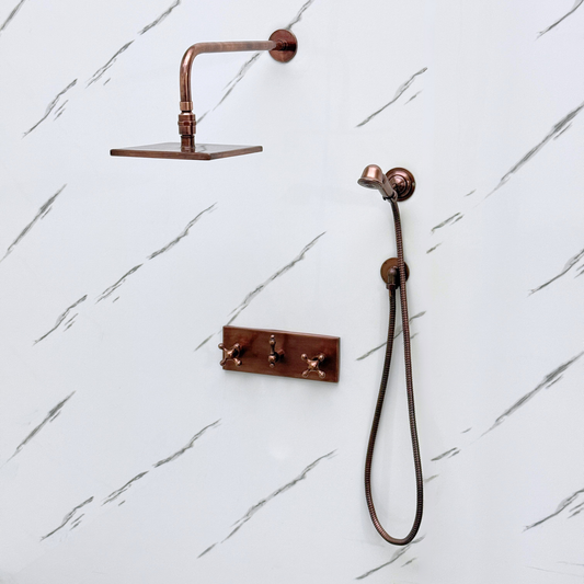 Antique Copper Shower System with Adjustable Flat Square Rain Shower Head, Handheld Shower Head, Central Copper Plaque and Cross Handles
