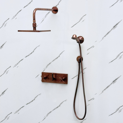 Antique Copper Shower System with Adjustable Flat Square Rain Shower Head, Handheld Shower Head, Central Copper Plaque and Cross Handles