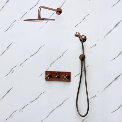 Antique Copper Shower System with Adjustable Flat Square Rain Shower Head, Handheld Shower Head, Central Copper Plaque and Cross Handles
