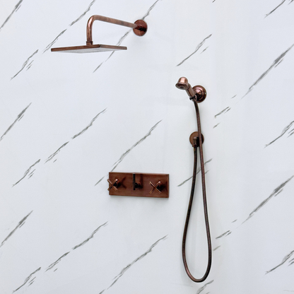 Antique Copper Shower System with Adjustable Flat Square Rain Shower Head, Handheld Shower Head, Central Copper Plaque and Cross Handles