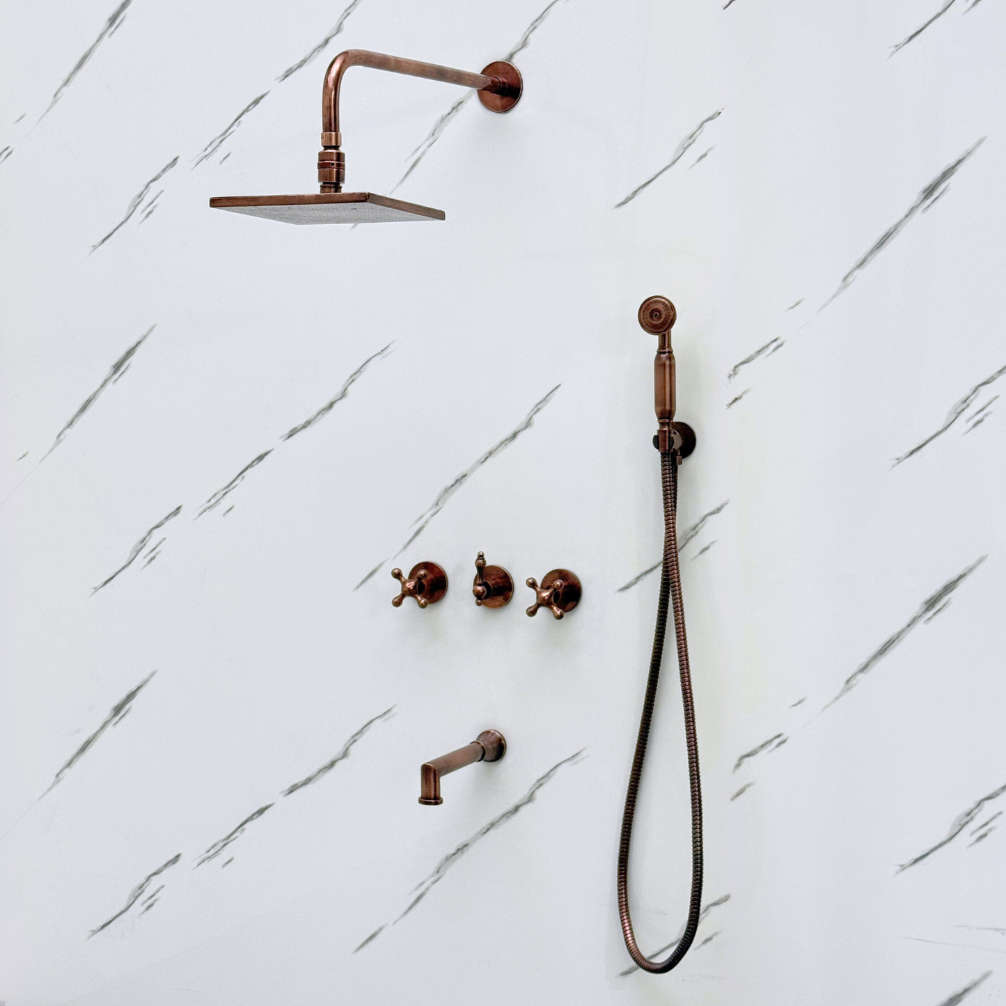 Antique Copper Shower System with Adjustable Flat Square Rain Shower Head, Handheld Shower Head, Tub Filler and Cross Handles