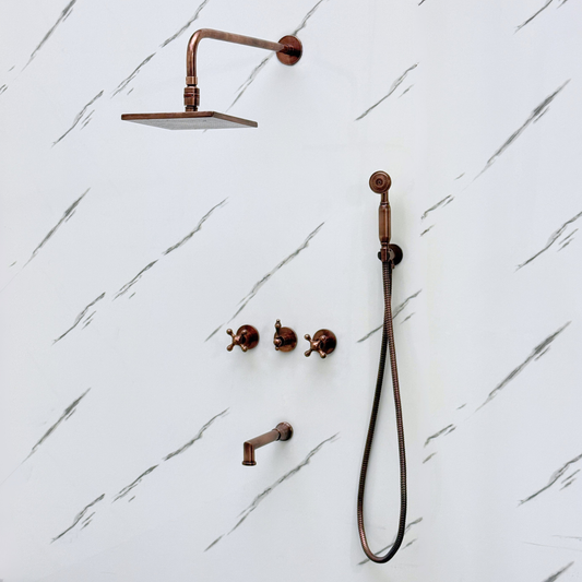 Antique Copper Shower System with Adjustable Flat Square Rain Shower Head, Handheld Shower Head, Tub Filler and Cross Handles