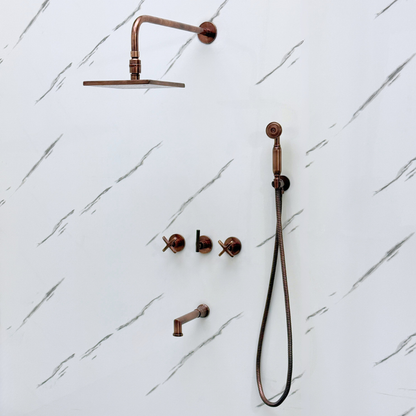 Antique Copper Shower System with Adjustable Flat Square Rain Shower Head, Handheld Shower Head, Tub Filler and Cross Handles