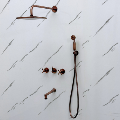Antique Copper Shower System with Adjustable Flat Square Rain Shower Head, Handheld Shower Head, Tub Filler and Cross Handles