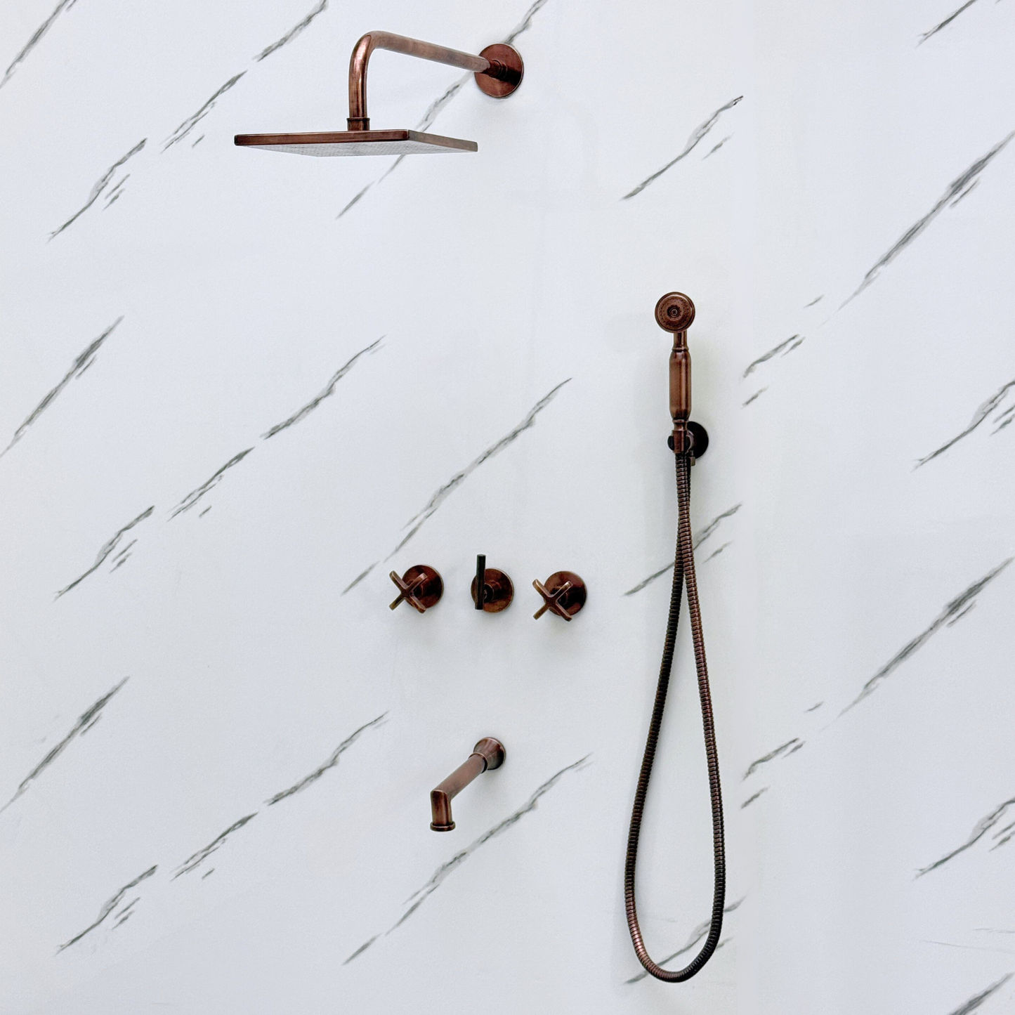 Antique Copper Shower System with Adjustable Flat Square Rain Shower Head, Handheld Shower Head, Tub Filler and Cross Handles