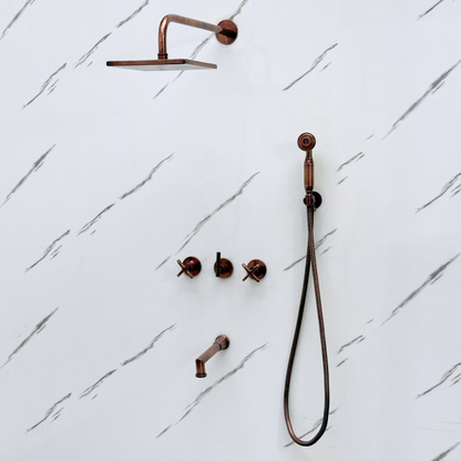 Antique Copper Shower System with Adjustable Flat Square Rain Shower Head, Handheld Shower Head, Tub Filler and Cross Handles