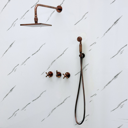 Antique Copper Shower System with Adjustable Flat Square Rain Shower Head, Handheld Shower Head and Cross Handles