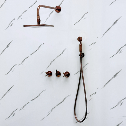 Antique Copper Shower System with Adjustable Flat Square Rain Shower Head, Handheld Shower Head and Cross Handles