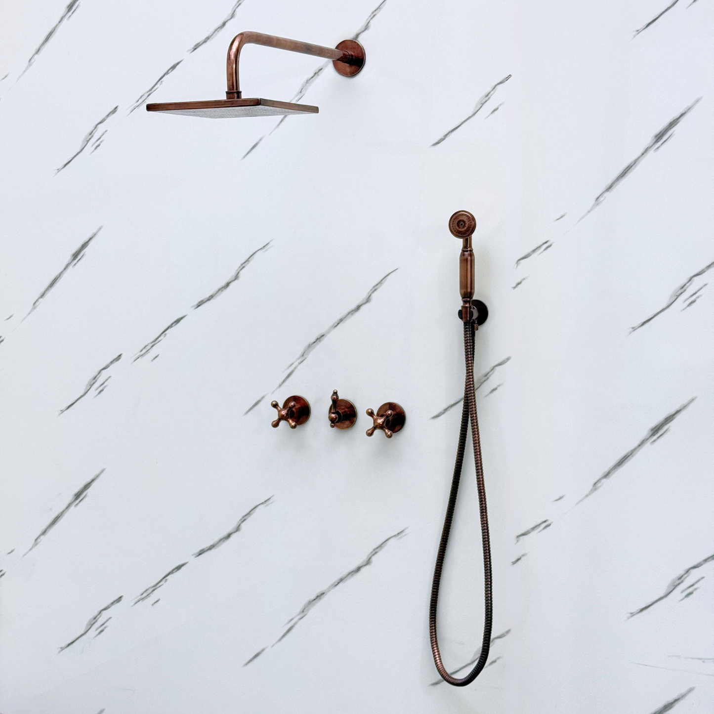 Antique Copper Shower System with Adjustable Flat Square Rain Shower Head, Handheld Shower Head and Cross Handles