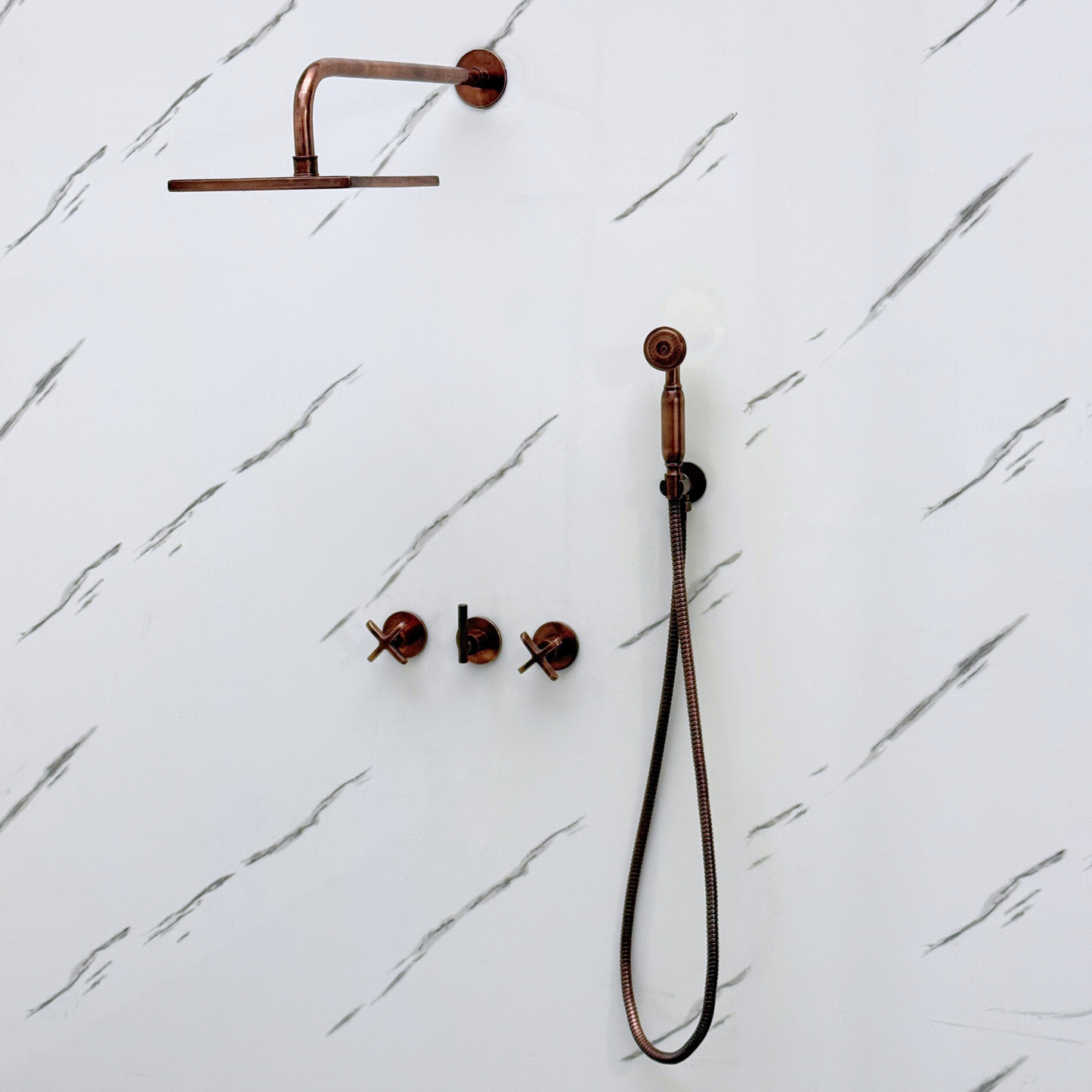 Antique Copper Shower System with Adjustable Flat Square Rain Shower Head, Handheld Shower Head and Cross Handles