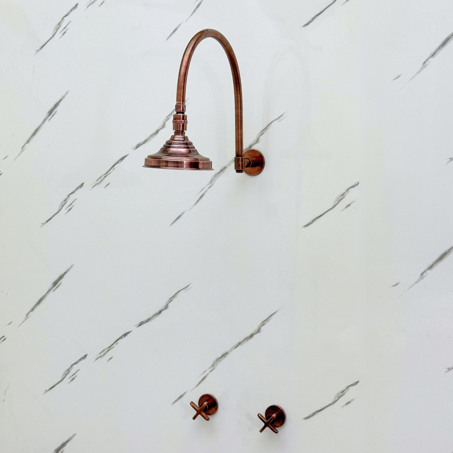 Antique Copper Shower System with Adjustable Round Rain Shower Head, Arcuate Arm and Cross Handles