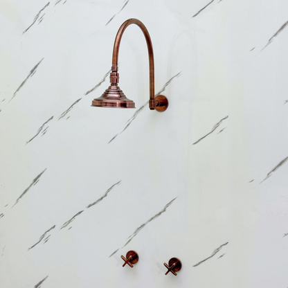 Antique Copper Shower System with Adjustable Round Rain Shower Head, Arcuate Arm and Cross Handles