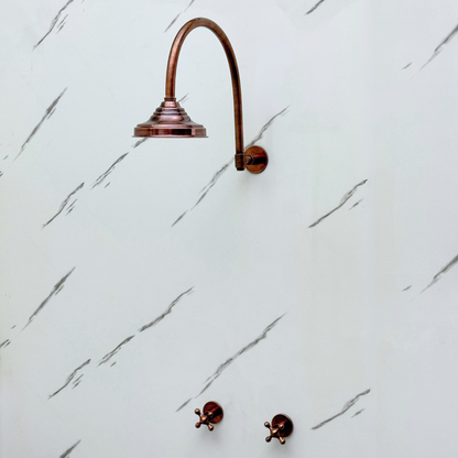 Antique Copper Shower System with Adjustable Round Rain Shower Head, Arcuate Arm and Cross Handles