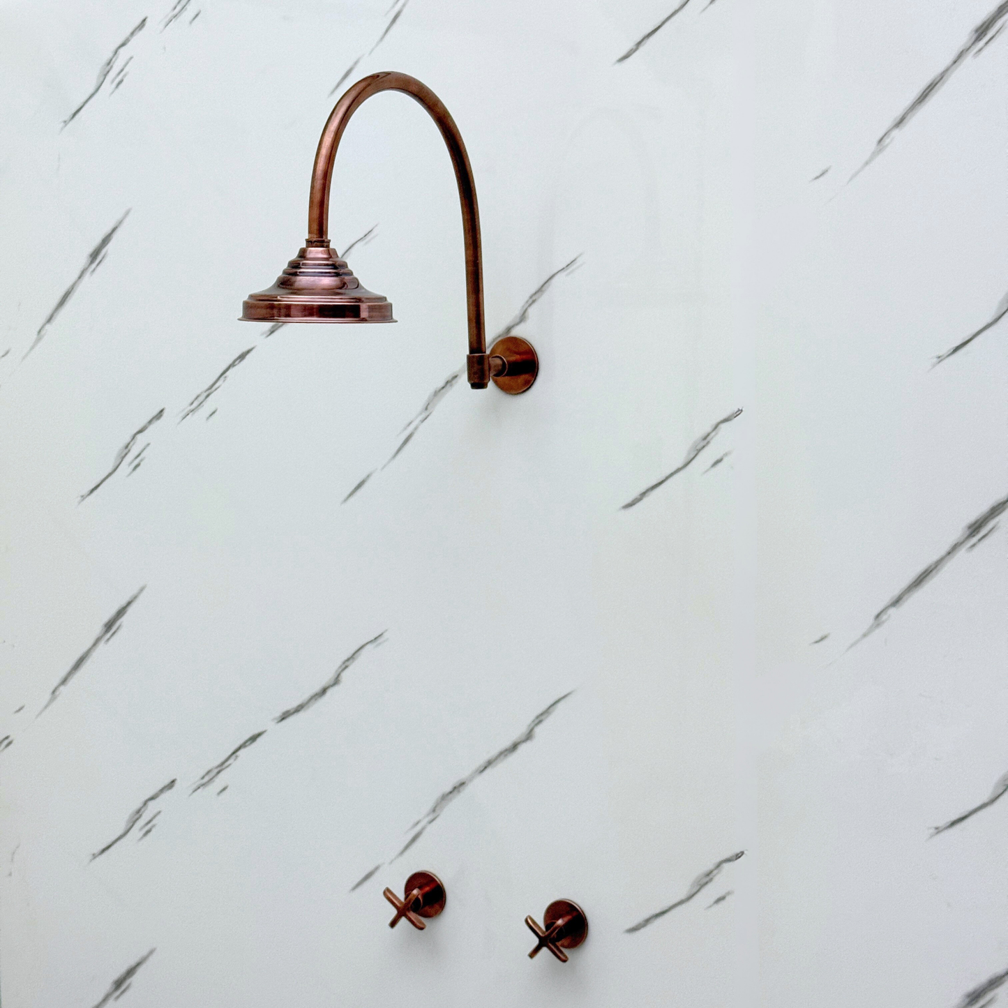 Antique Copper Shower System with Adjustable Round Rain Shower Head, Arcuate Arm and Cross Handles