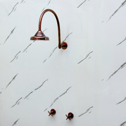 Antique Copper Shower System with Adjustable Round Rain Shower Head, Arcuate Arm and Cross Handles