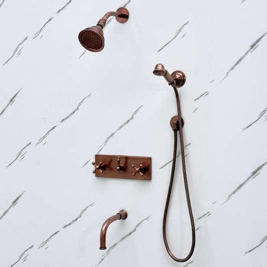Antique Copper Shower System with Adjustable Round Rain Shower Head, Handheld Shower Head, Central Copper Plaque, Tub Filler and Cross Handles