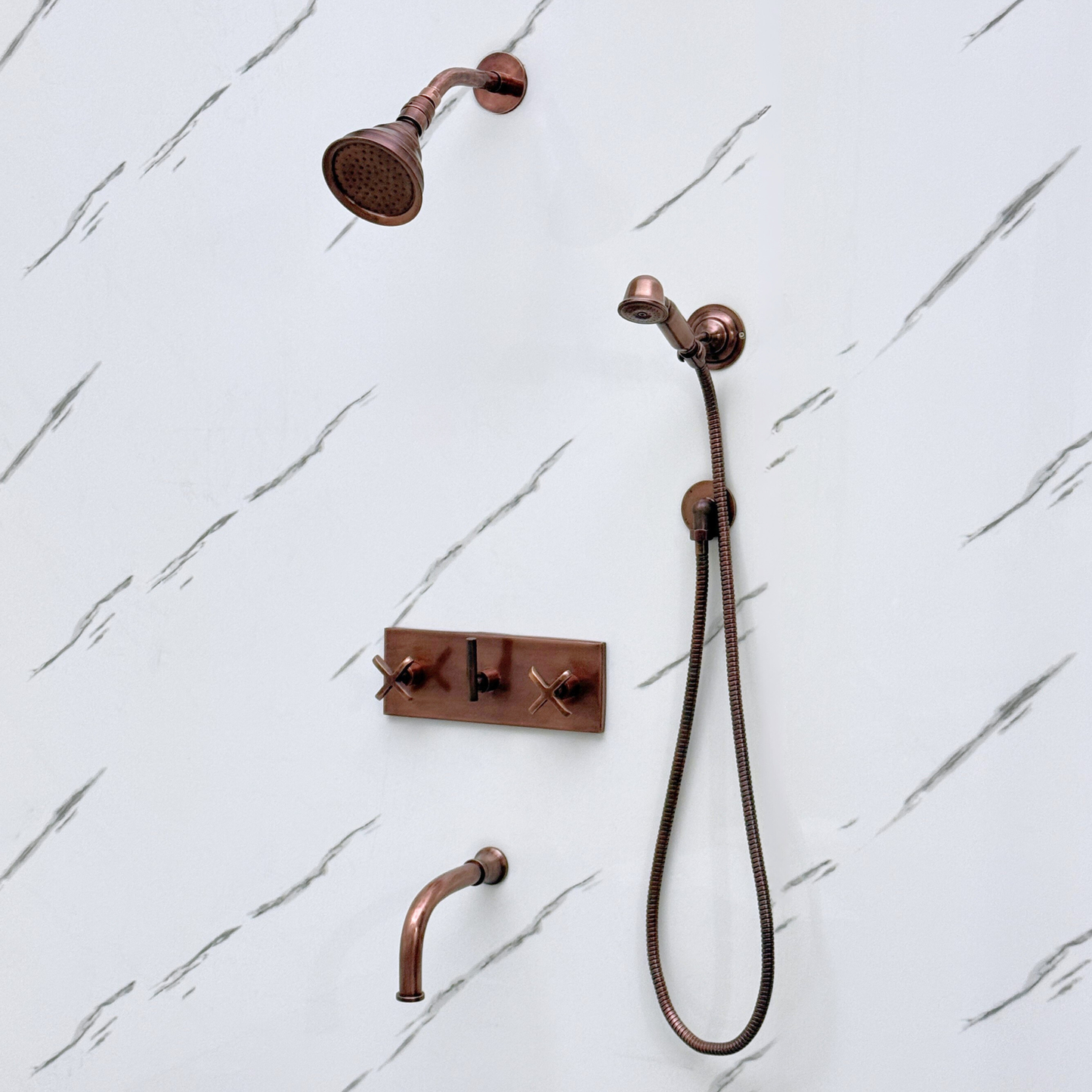 Antique Copper Shower System with Adjustable Round Rain Shower Head, Handheld Shower Head, Central Copper Plaque, Tub Filler and Cross Handles