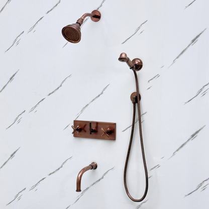 Antique Copper Shower System with Adjustable Round Rain Shower Head, Handheld Shower Head, Central Copper Plaque, Tub Filler and Cross Handles