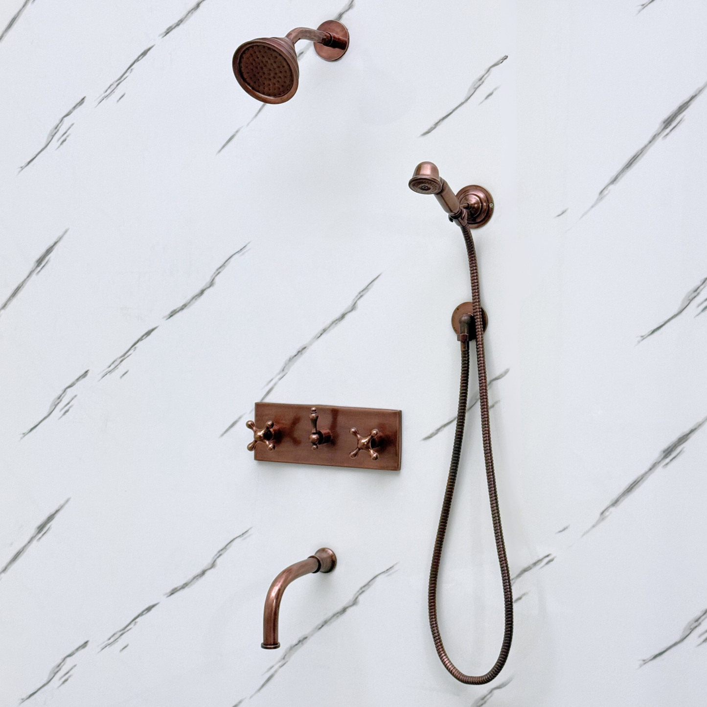 Antique Copper Shower System with Adjustable Round Rain Shower Head, Handheld Shower Head, Central Copper Plaque, Tub Filler and Cross Handles