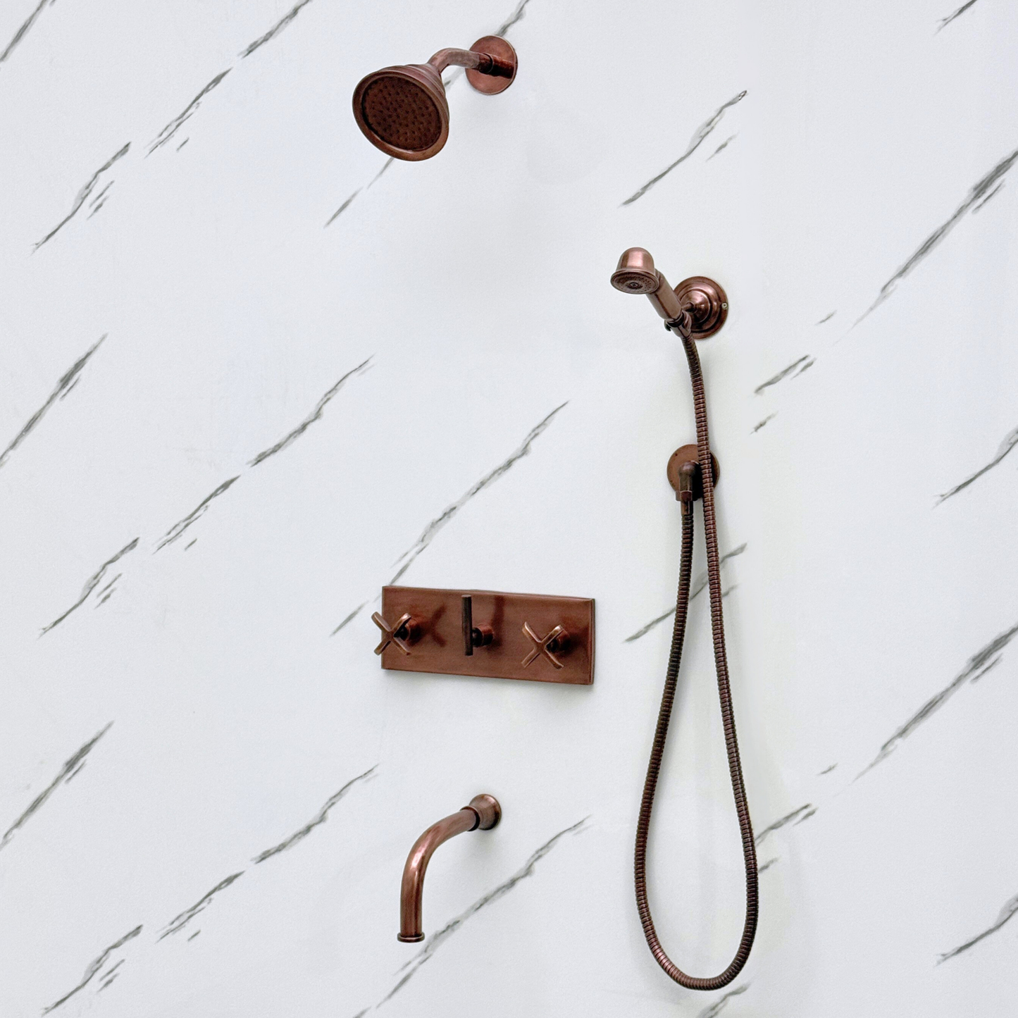 Antique Copper Shower System with Adjustable Round Rain Shower Head, Handheld Shower Head, Central Copper Plaque, Tub Filler and Cross Handles
