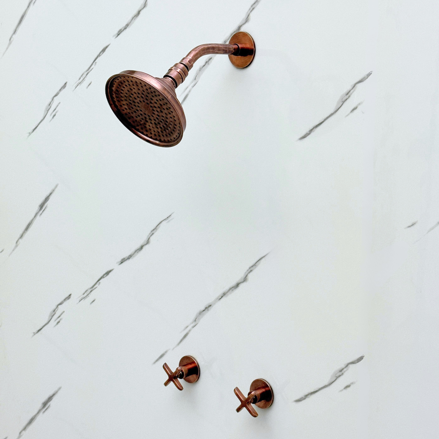 Antique Copper Shower System with Round Rain Adjustable Shower Head, Short Arm and Cross Handles