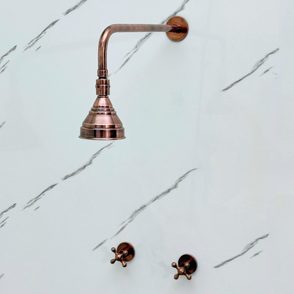 Système de douche en cuivre antique avec pomme de douche ronde réglable, bras droit et poignées croisillons