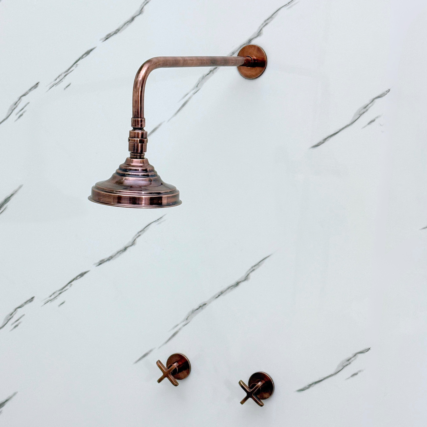 Antique Copper Shower System with Adjustable Round Rain Shower Head, Straight Arm and Cross Handles