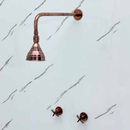 Système de douche en cuivre antique avec pomme de douche ronde réglable, bras droit et poignées croisillons