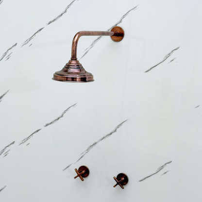 Antique Copper Shower System with Adjustable Round Rain Shower Head, Straight Arm and Cross Handles