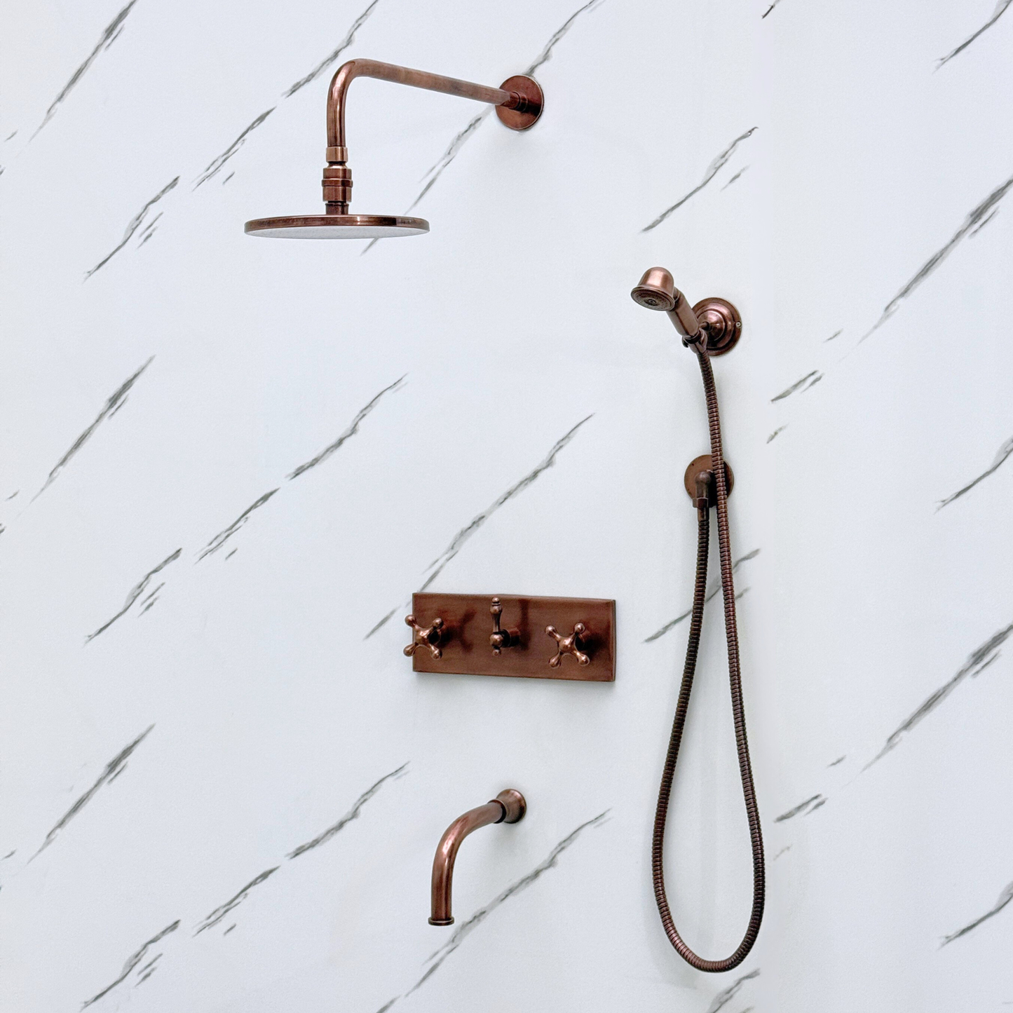 Antique Copper Shower System with Flat Round Rain Adjustable Shower Head, Handheld Shower Head, Central Copper Plaque, Tub Filler and Cross Handles