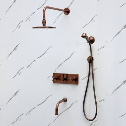Antique Copper Shower System with Flat Round Rain Adjustable Shower Head, Handheld Shower Head, Central Copper Plaque, Tub Filler and Cross Handles