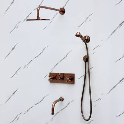 Antique Copper Shower System with Flat Round Rain Adjustable Shower Head, Handheld Shower Head, Central Copper Plaque, Tub Filler and Cross Handles