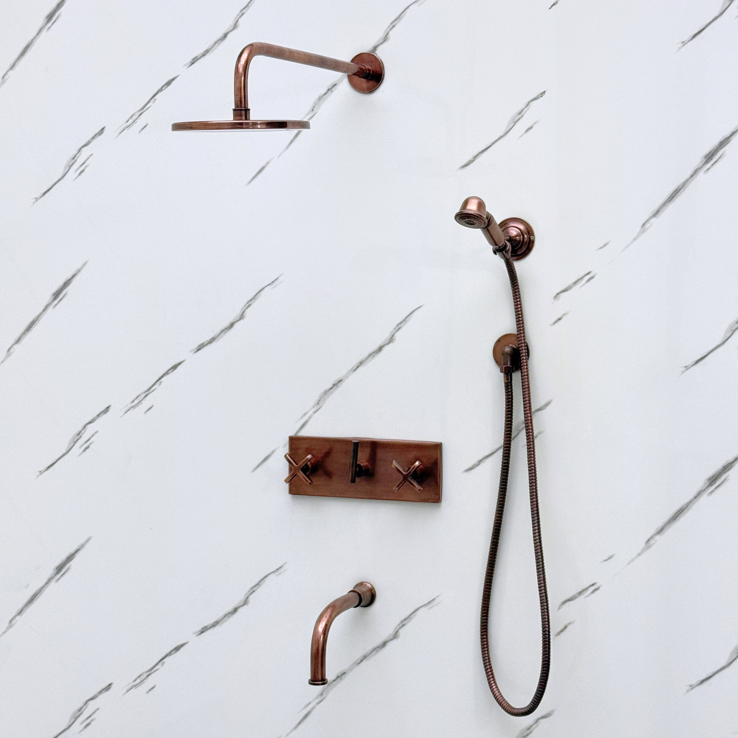 Antique Copper Shower System with Flat Round Rain Adjustable Shower Head, Handheld Shower Head, Central Copper Plaque, Tub Filler and Cross Handles